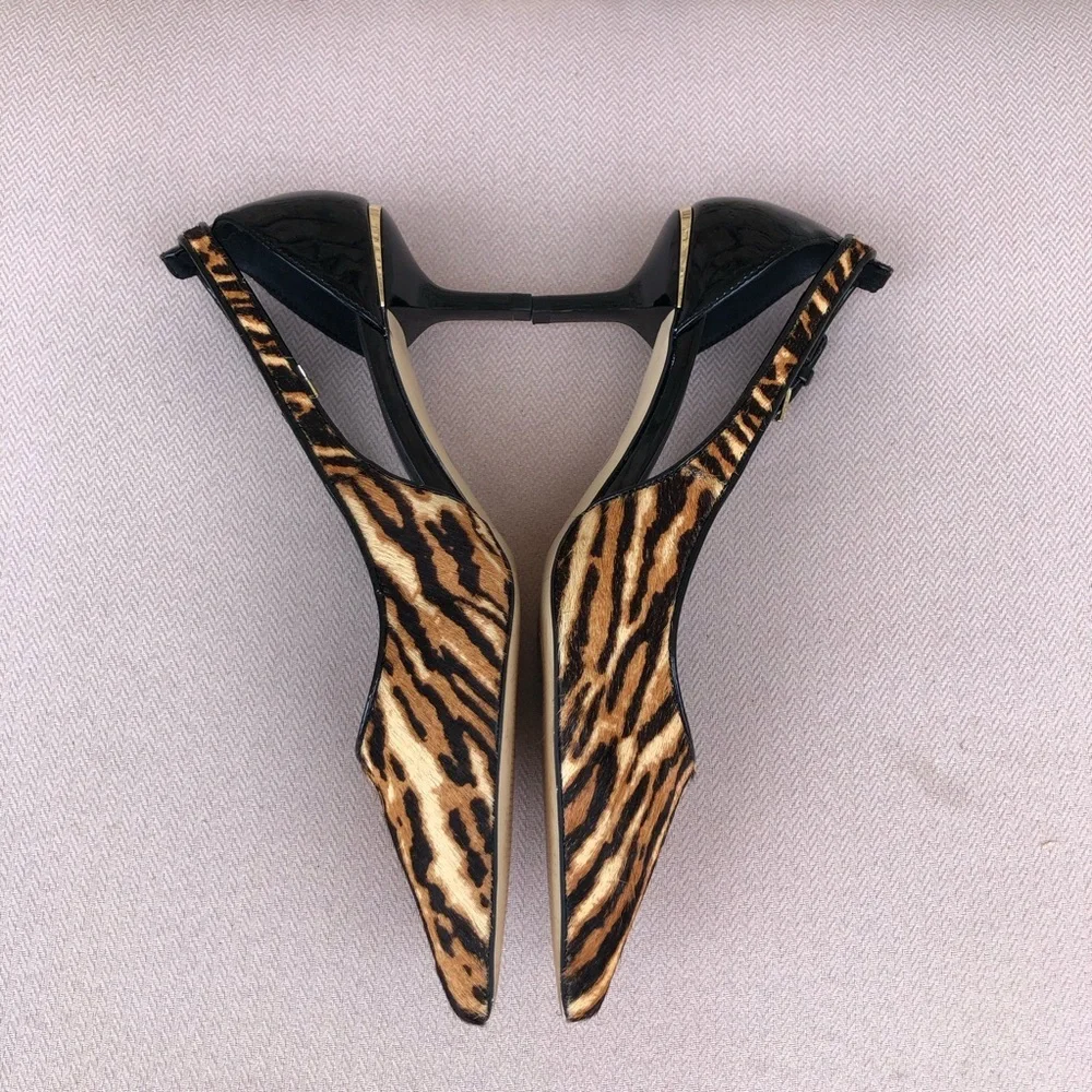 Michael Kors  Calf Hair Black Brown Tiger Print Slingback Mid Pump Heel Shoes 6M